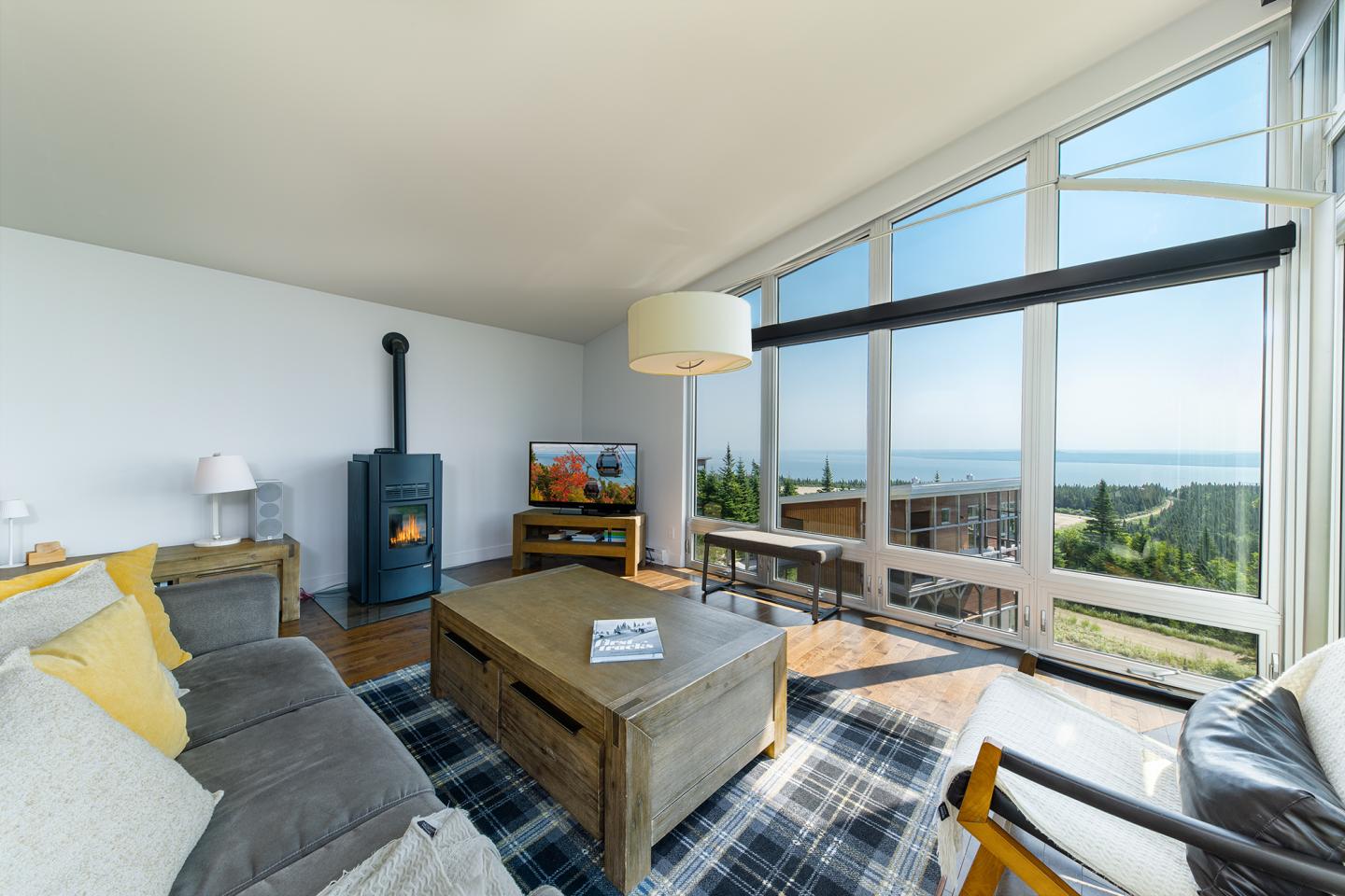 Salon lumineux avec vue sur la mer, télé, poêle et canapé gris.