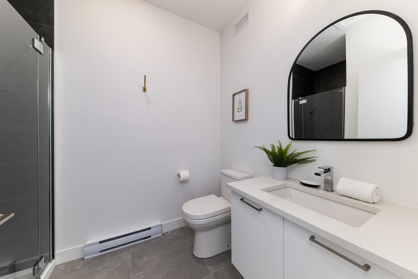 Salle de bain moderne, murs blancs, toilettes, lavabo, miroir ovale et plante verte.