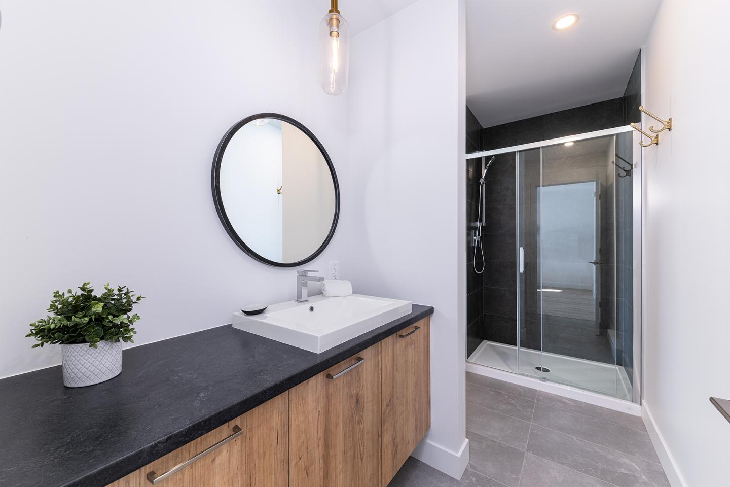 Salle de bain moderne avec douche à l'italienne, lavabo, miroir rond et plante.