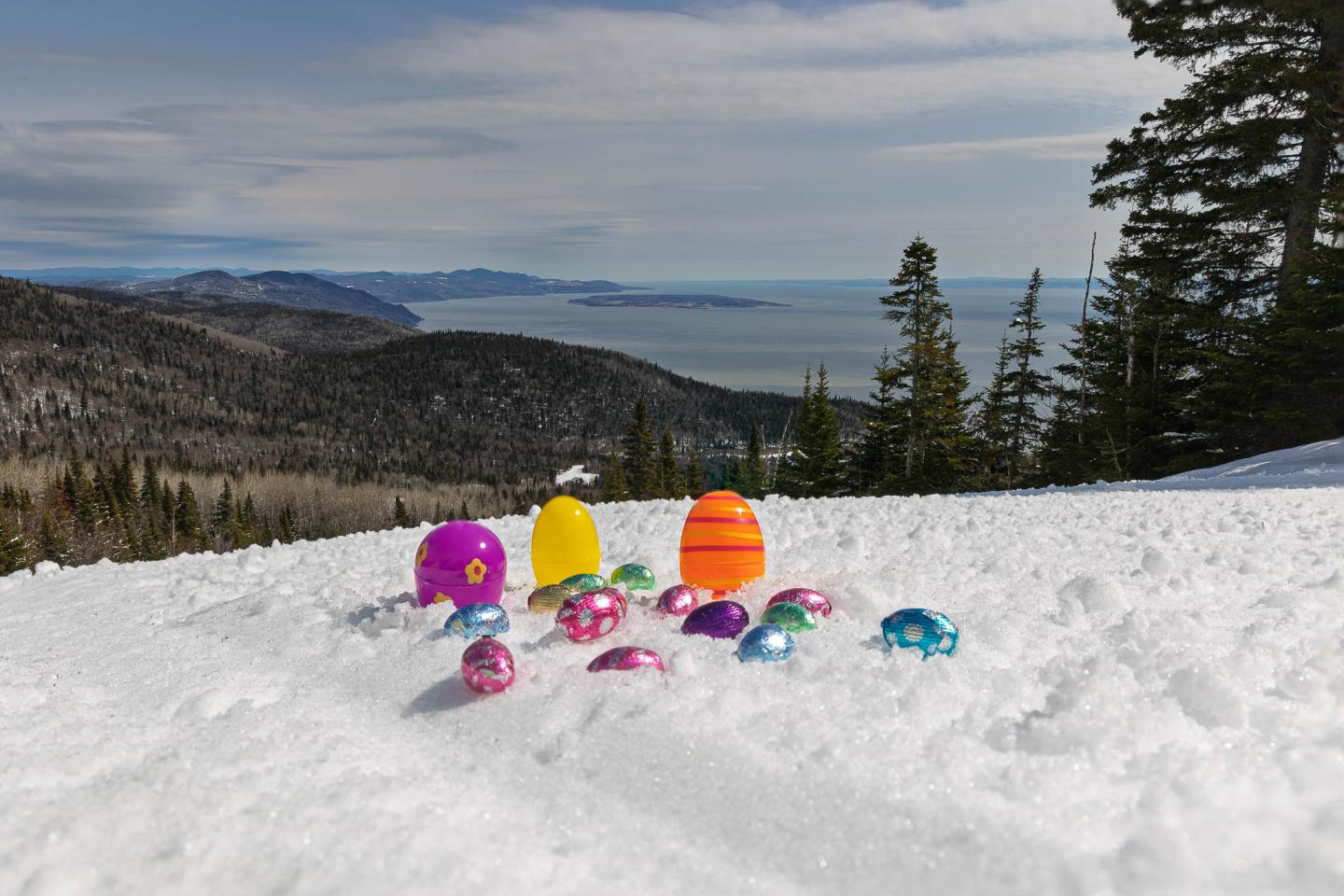 Jouets colorés sur une pente enneigée, avec forêt et montagnes au loin.