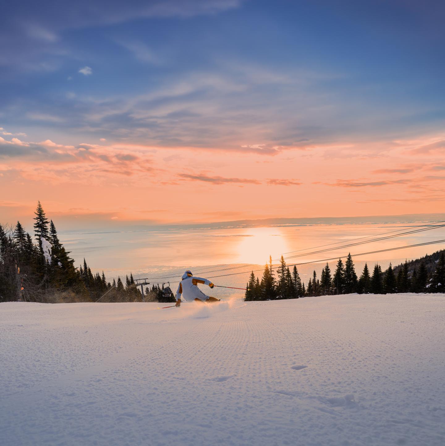 Coucher de soleil sur un paysage enneigé bordé de sapins.