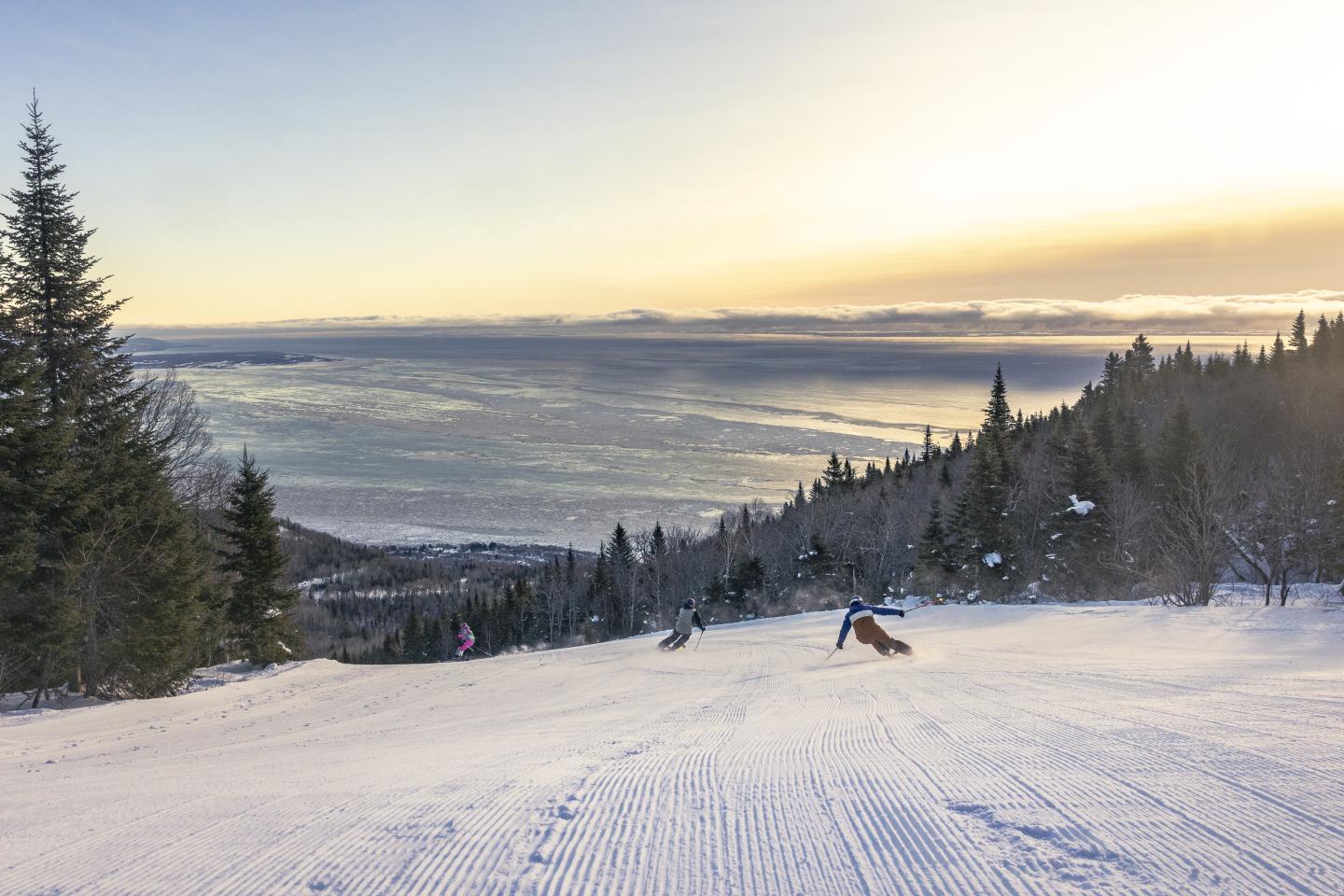 Piste de ski enneigée au coucher du soleil, entourée de sapins.